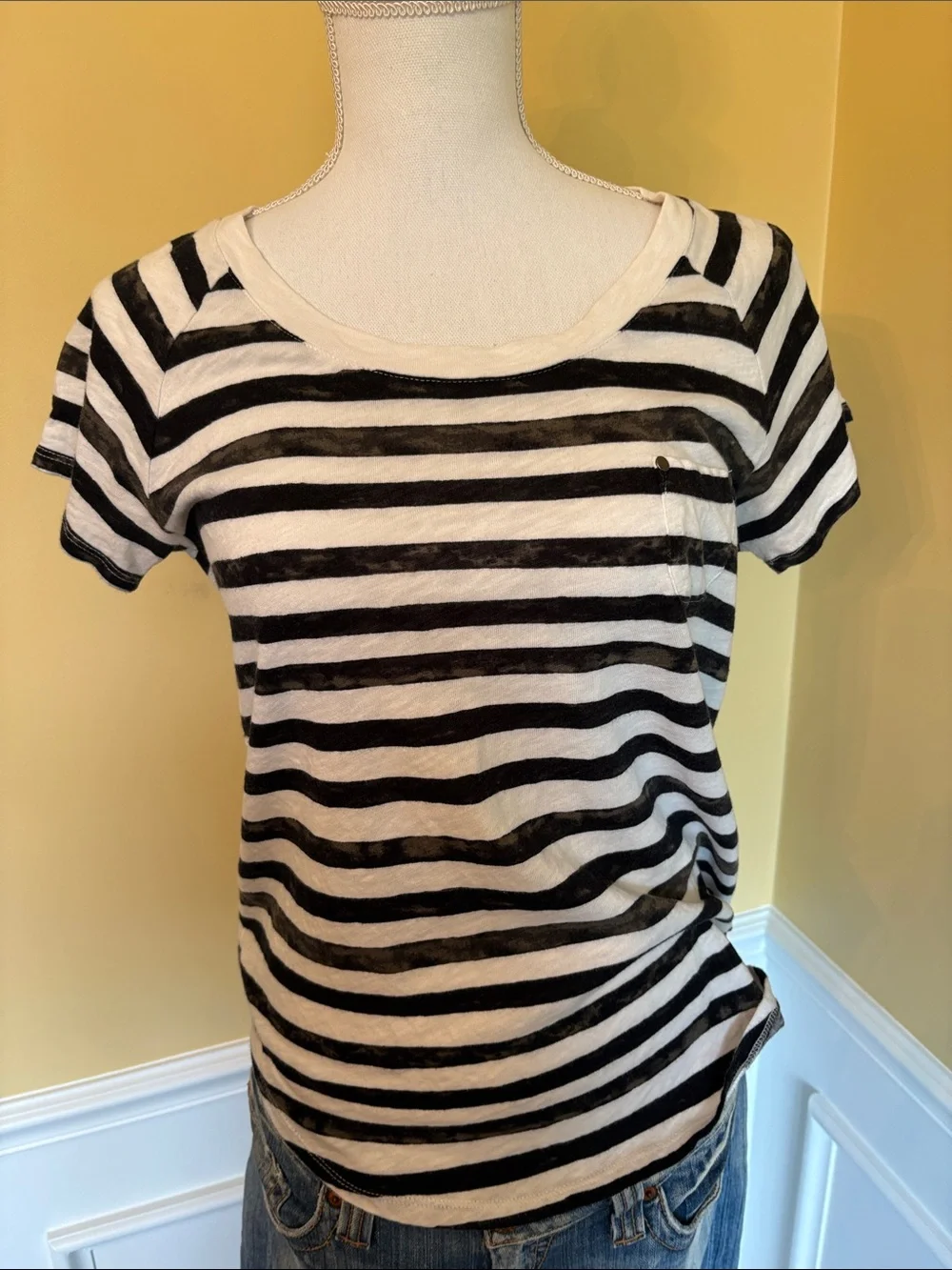 Old Navy Black and White Striped Short Sleeve Tee with Pocket